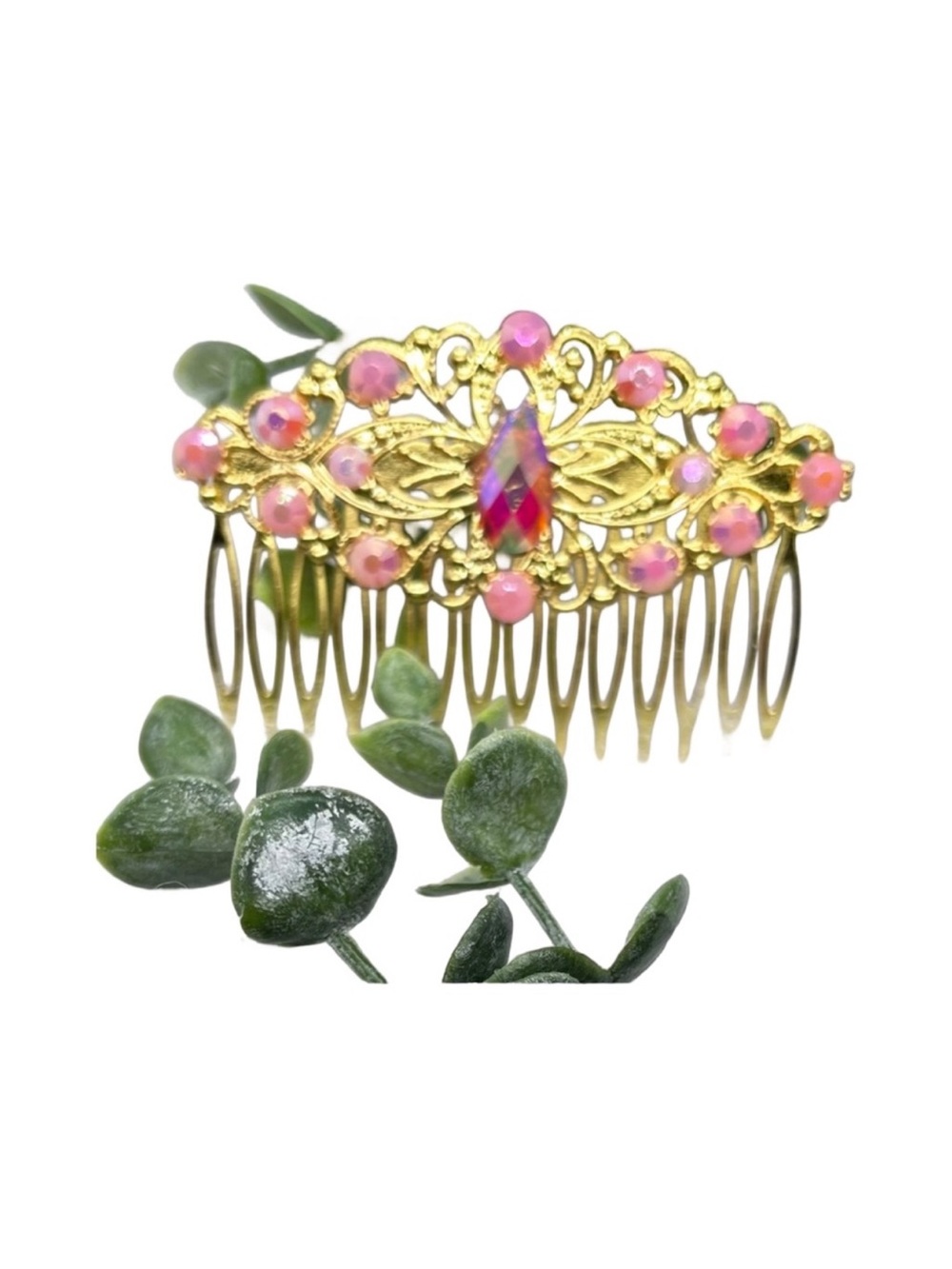 Gold Hair Comb with Pink Faux Crystal Accents3.0”FINAL PRICE DROP